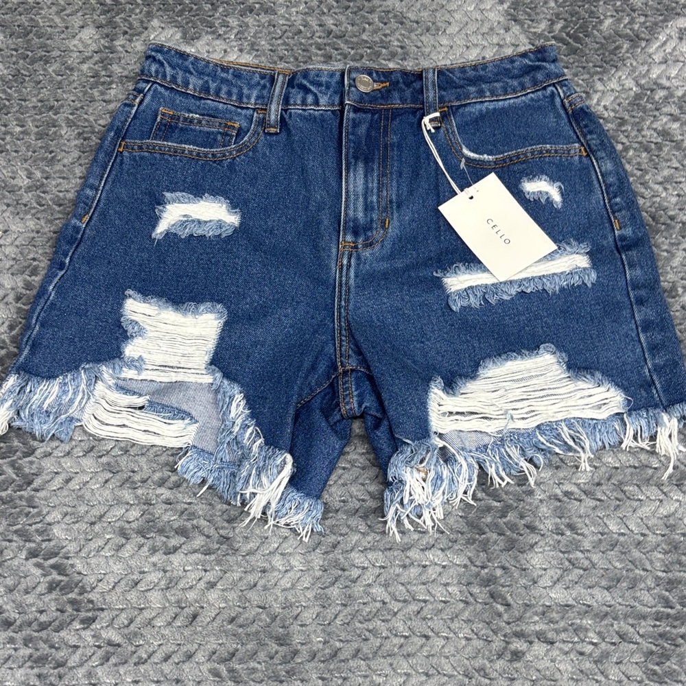 CELLO Distressed Frayed Hem Mid-Blue Denim Shorts